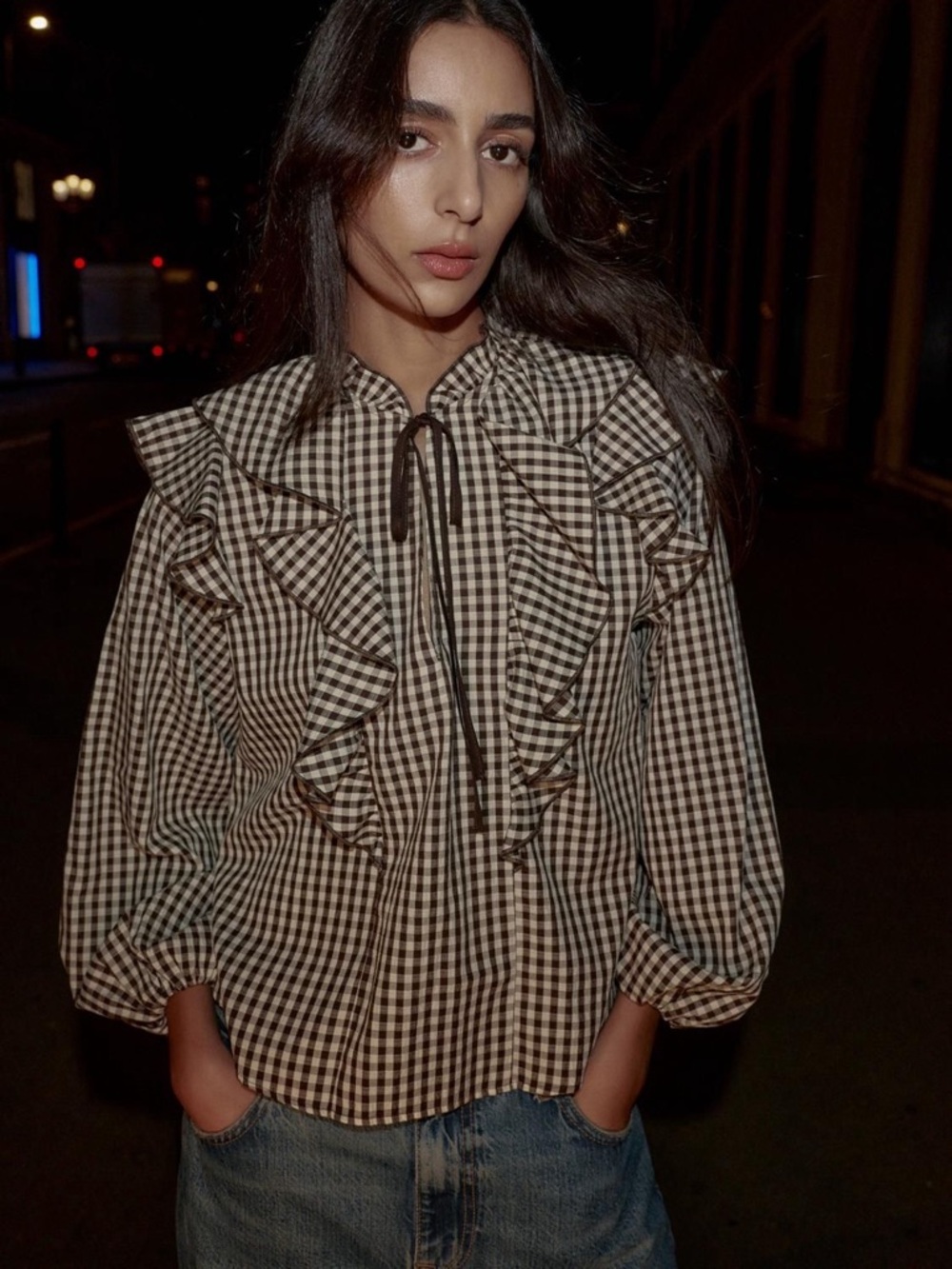 NWT Zara Brown and White Gingham Ruffle Blouse in XL